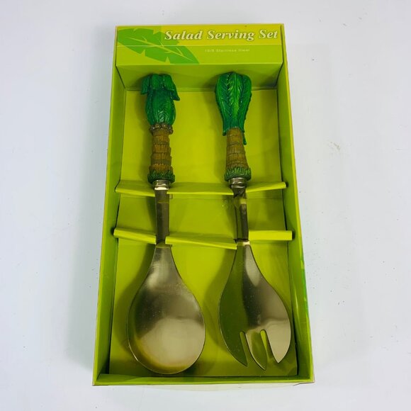 Tropical Palm Tree Salad Serving Set VTG Coastal Kitchen Utensils Island Dining - Picture 14 of 14